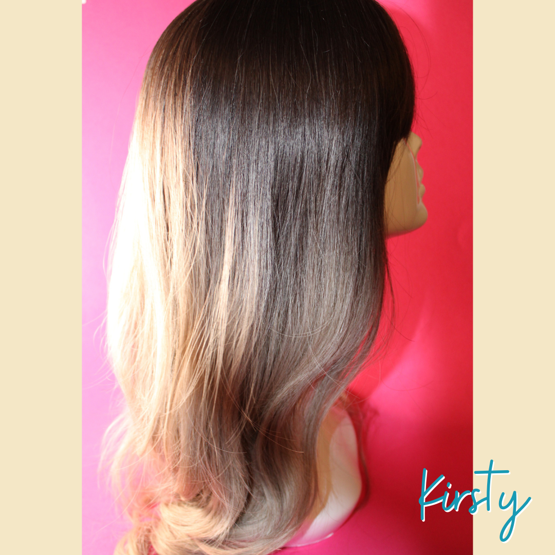 Kirsty, 24' Layered Loose Wave Synthetic Wig - Ombre Ash Grey Blonde - Brown Roots/Upper