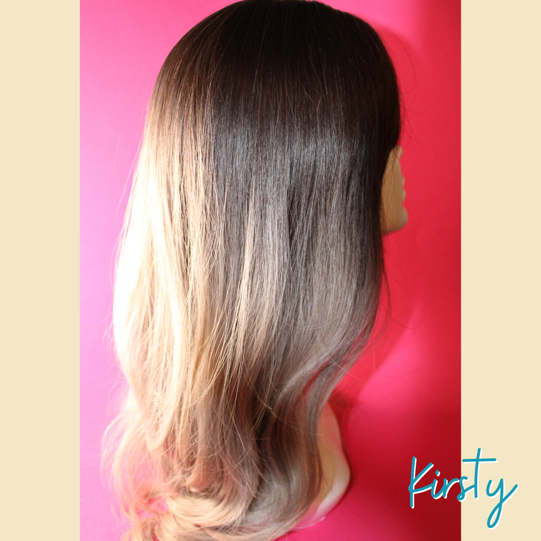Kirsty, 24' Layered Loose Wave Synthetic Wig - Ombre Ash Grey Blonde - Brown Roots/Upper