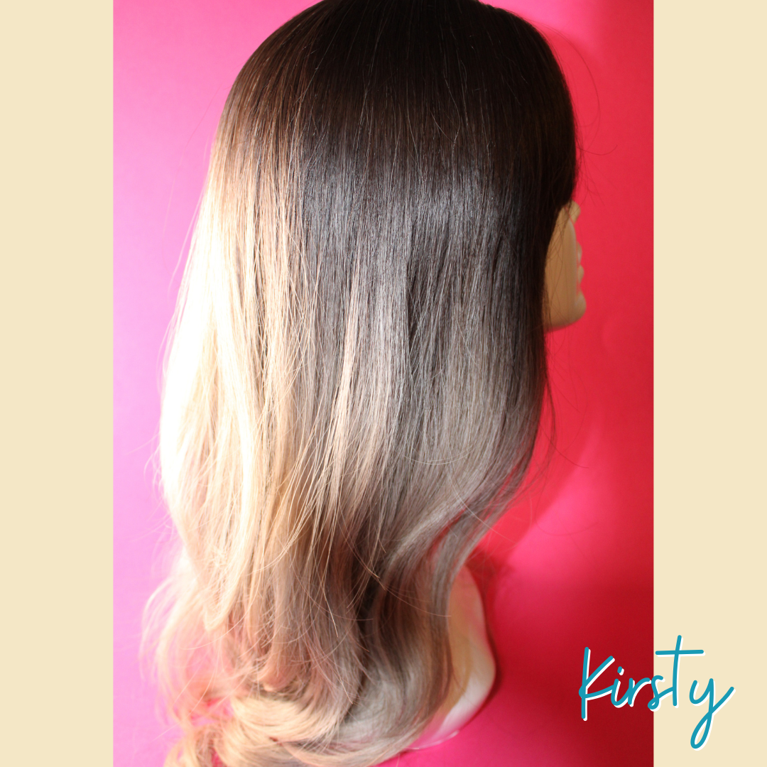 Kirsty, 24' Layered Loose Wave Synthetic Wig - Ombre Ash Grey Blonde - Brown Roots/Upper