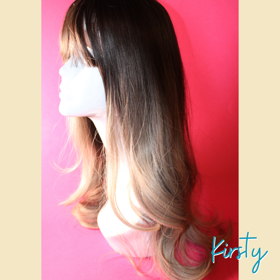 Kirsty, 24' Layered Loose Wave Synthetic Wig - Ombre Ash Grey Blonde - Brown Roots/Upper