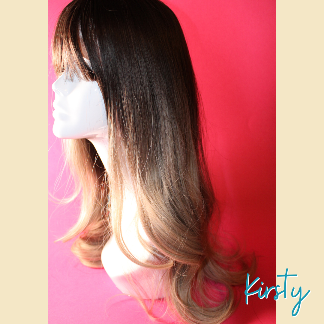 Kirsty, 24' Layered Loose Wave Synthetic Wig - Ombre Ash Grey Blonde - Brown Roots/Upper