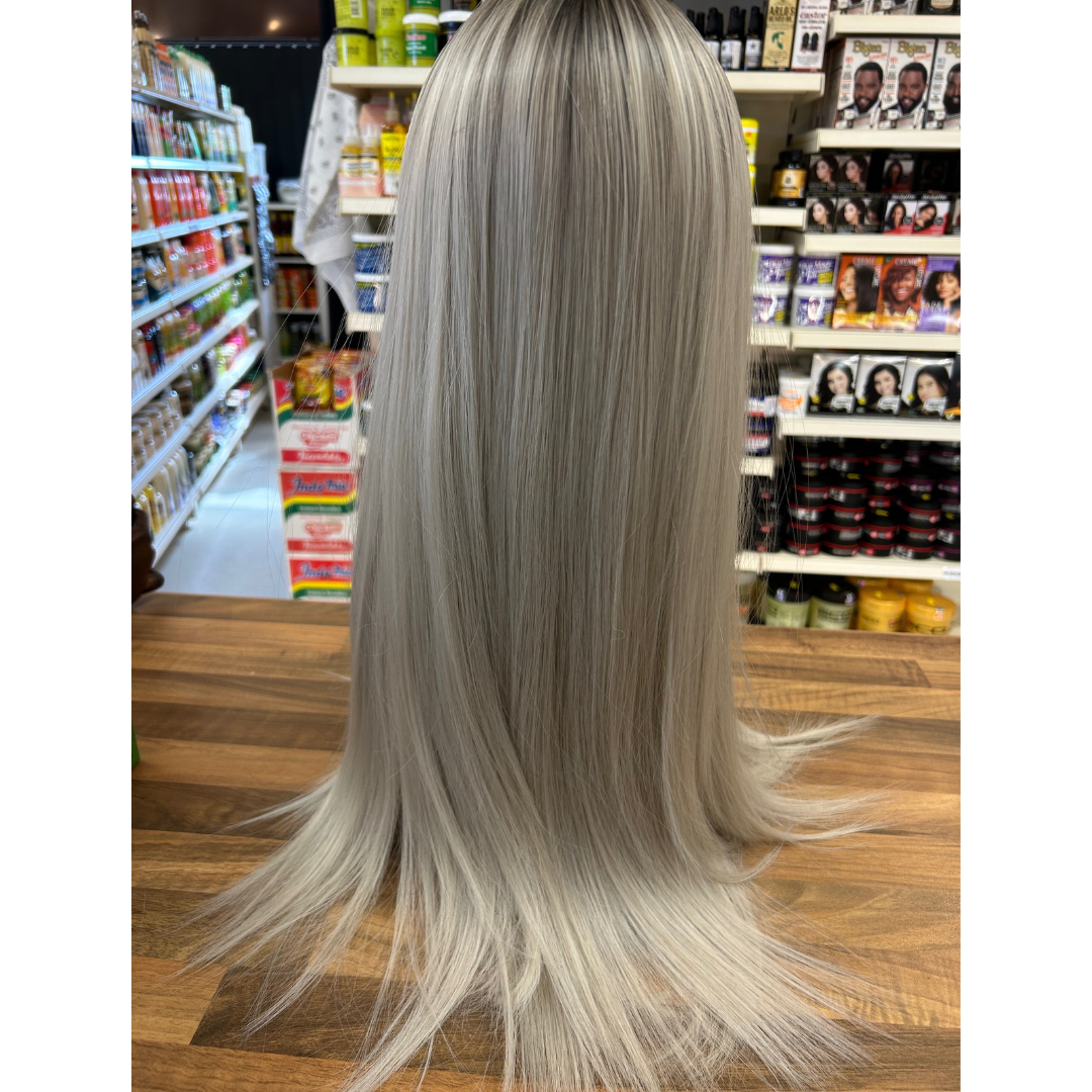 Harley - 23', Straight, Synthetic Wig - Grey with Brown Roots