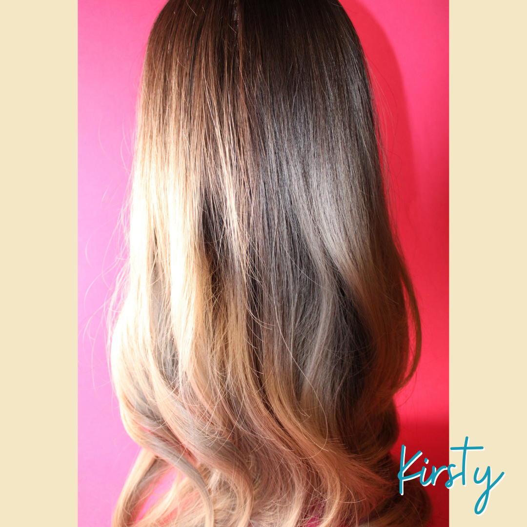 Kirsty, 24' Layered Loose Wave Synthetic Wig - Ombre Ash Grey Blonde - Brown Roots/Upper