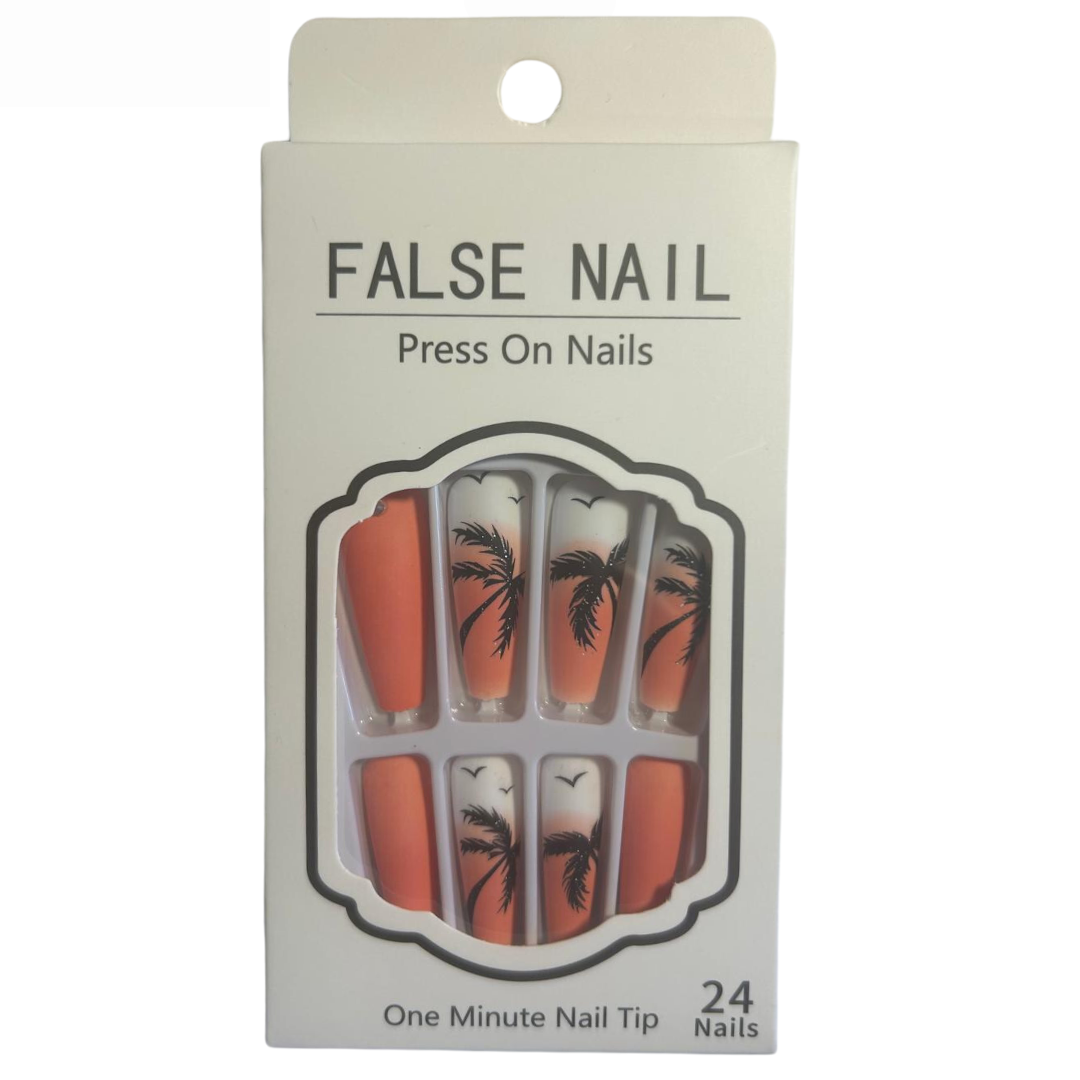 False Press On Nails - Orange Palm Tree Design