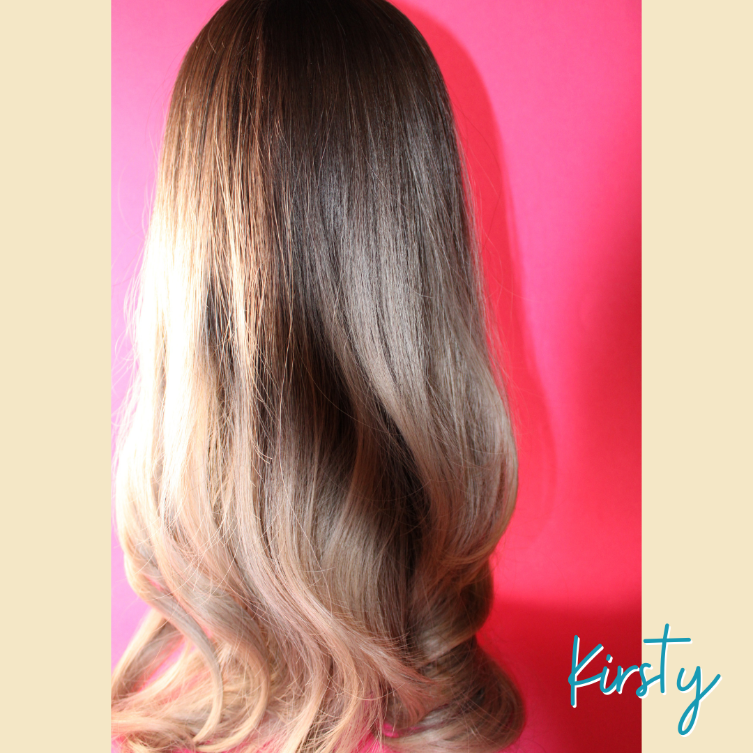 Kirsty, 24' Layered Loose Wave Synthetic Wig - Ombre Ash Grey Blonde - Brown Roots/Upper