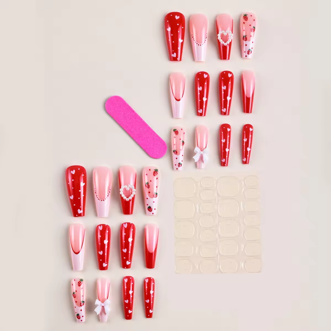 False Press On Nails - Strawberry Hearts Design