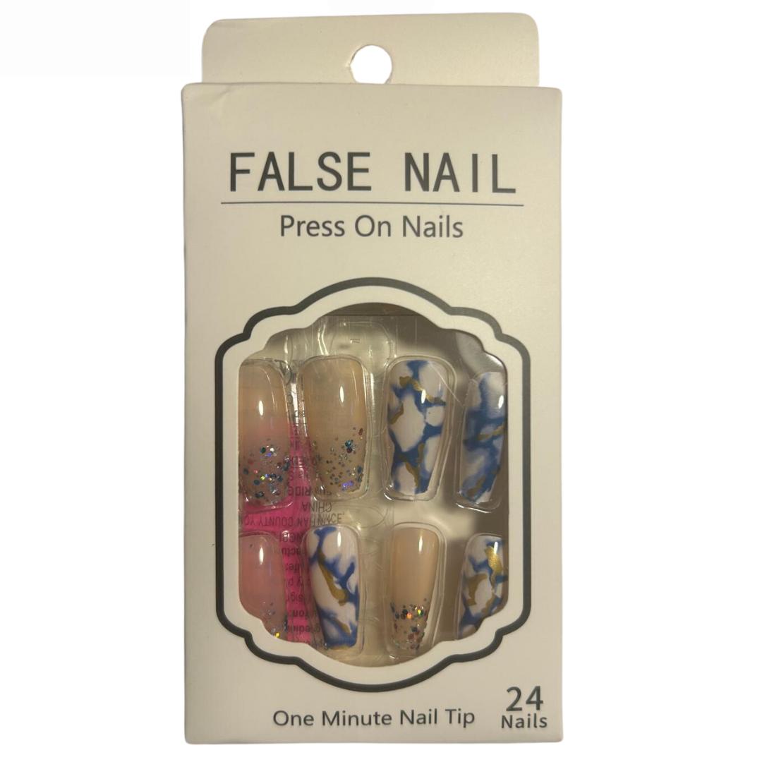 False Press On Nails - Blue Glitter Design