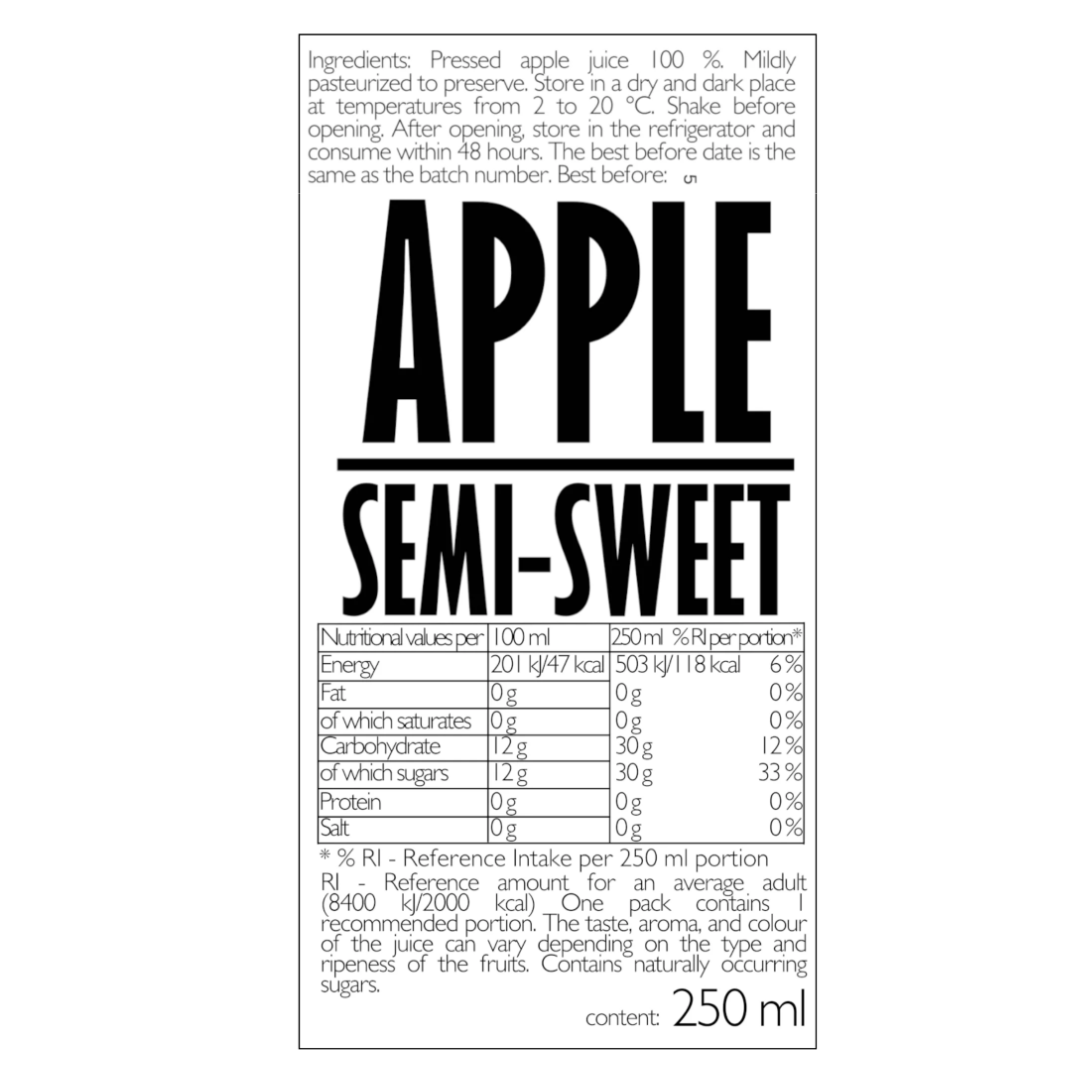 Semi-Sweet Apple Juice, 100% Fruit-Based 250ml