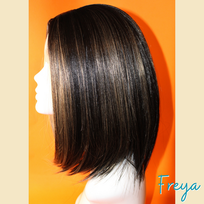 Freya - 14' Straight Synthetic Wig - Black with Brown/Blonde Highlights
