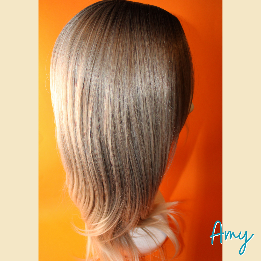 Amy - 22' Straight Layered Synthetic Wig - Ash Blonde and Silver Mix with Dark Roots