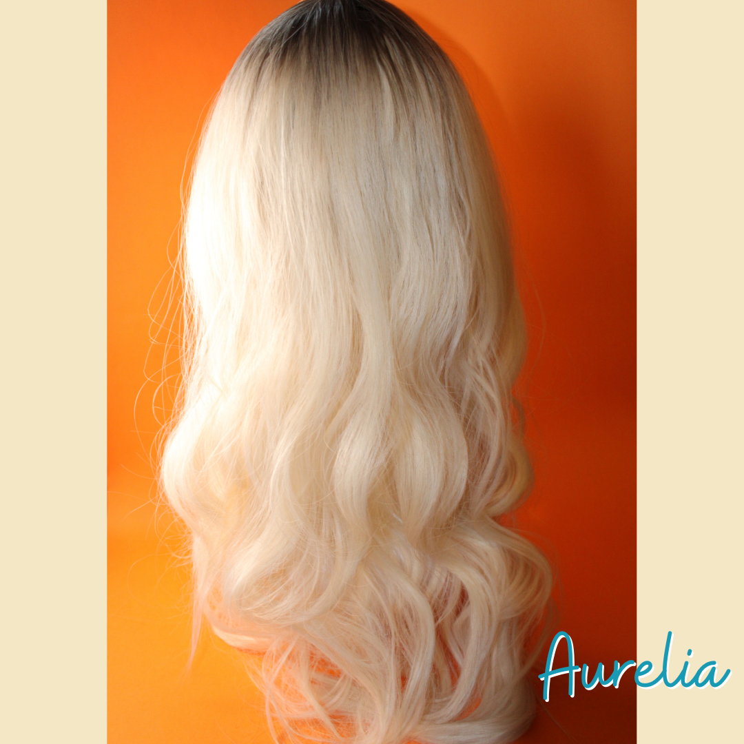 Aurelia - 24' Body Wavy Synthetic Wig - Blonde with Ash Brown Roots