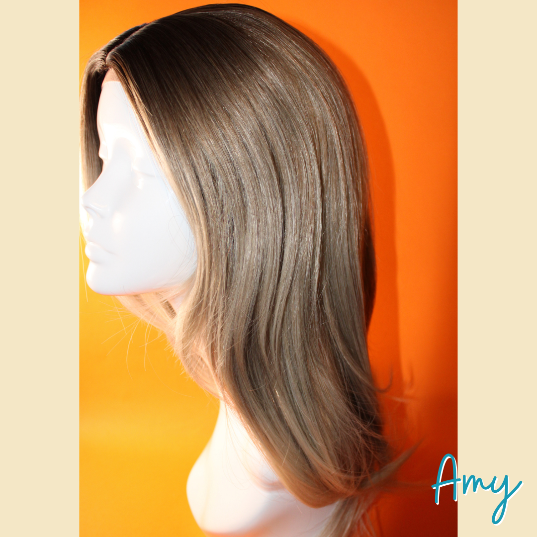 Amy - 22' Straight Layered Synthetic Wig - Ash Blonde and Silver Mix with Dark Roots