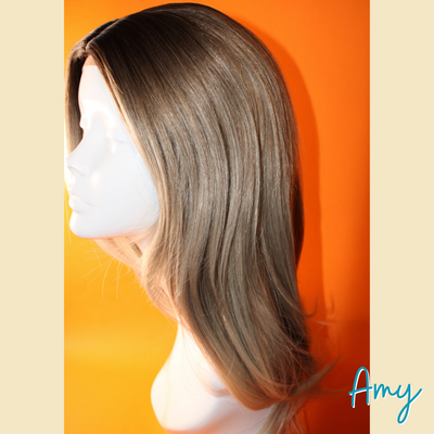 Amy - 22' Straight Layered Synthetic Wig - Ash Blonde and Silver Mix with Dark Roots