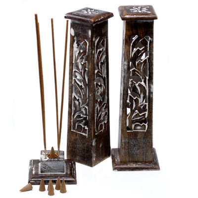 Mango Wood Incense Tower - Whitewashed