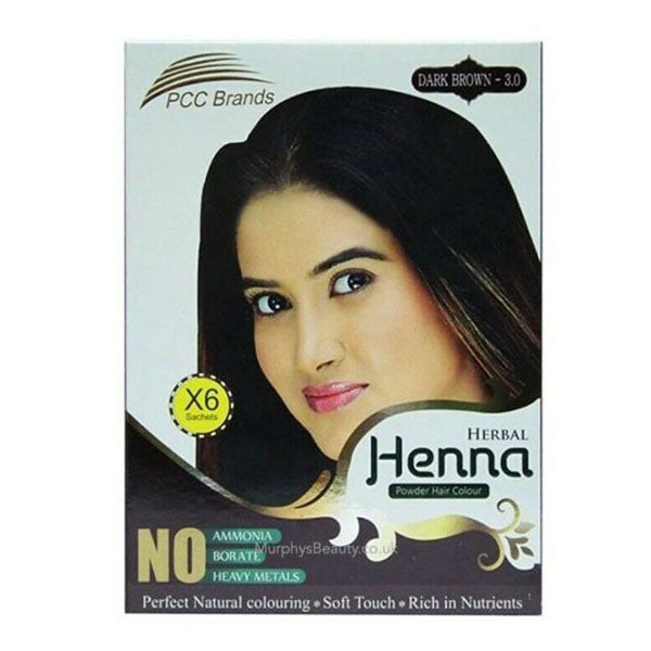 PCC Herbal Henna Powder Hair Colour - 6 x 10g Sachets - Dark Brown 3.0