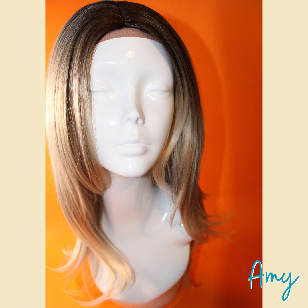 Amy - 22' Straight Layered Synthetic Wig - Ash Blonde and Silver Mix with Dark Roots