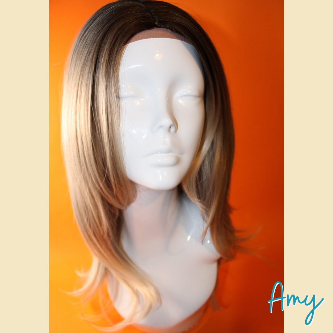 Amy - 22' Straight Layered Synthetic Wig - Ash Blonde and Silver Mix with Dark Roots