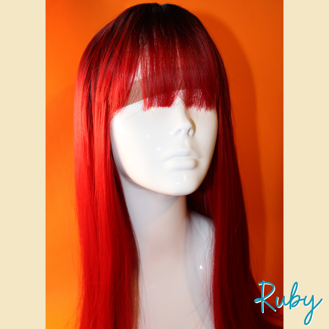 Ruby - 22" Straight Synthetic Wig - Red with Black Roots