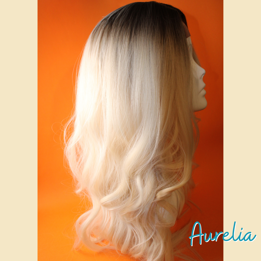 Aurelia - 24' Body Wavy Synthetic Wig - Blonde with Ash Brown Roots