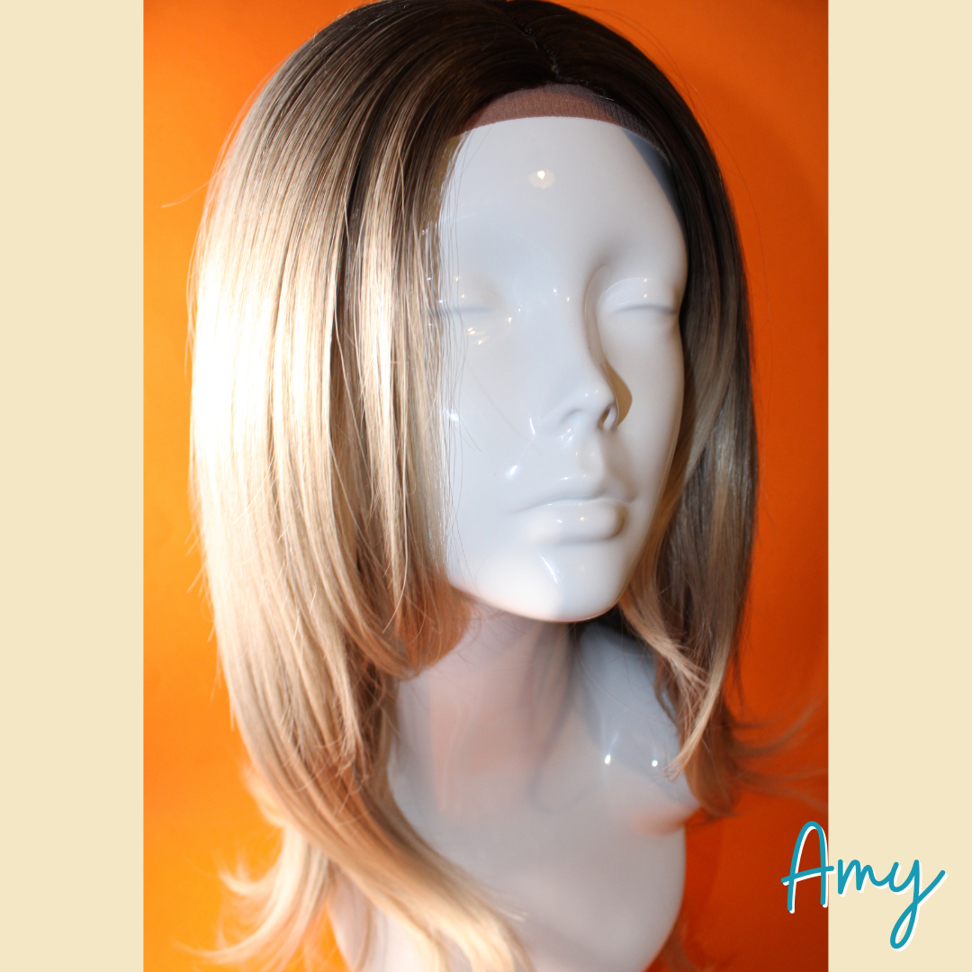 Amy - 22' Straight Layered Synthetic Wig - Ash Blonde and Silver Mix with Dark Roots
