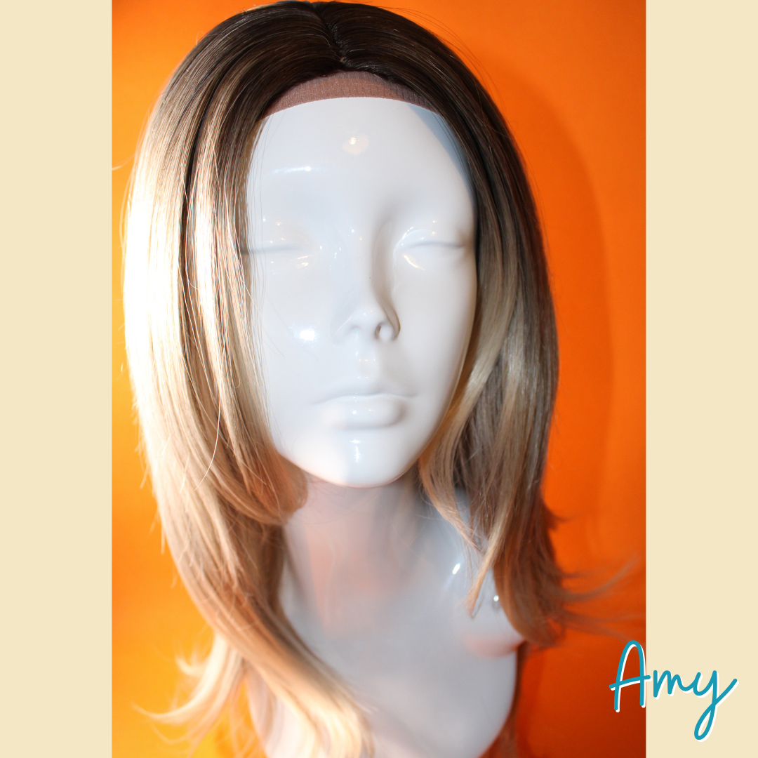 Amy - 22' Straight Layered Synthetic Wig - Ash Blonde and Silver Mix with Dark Roots