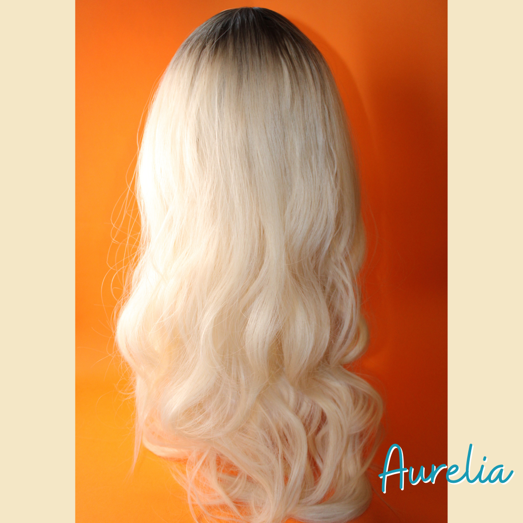 Aurelia - 24' Body Wavy Synthetic Wig - Blonde with Ash Brown Roots