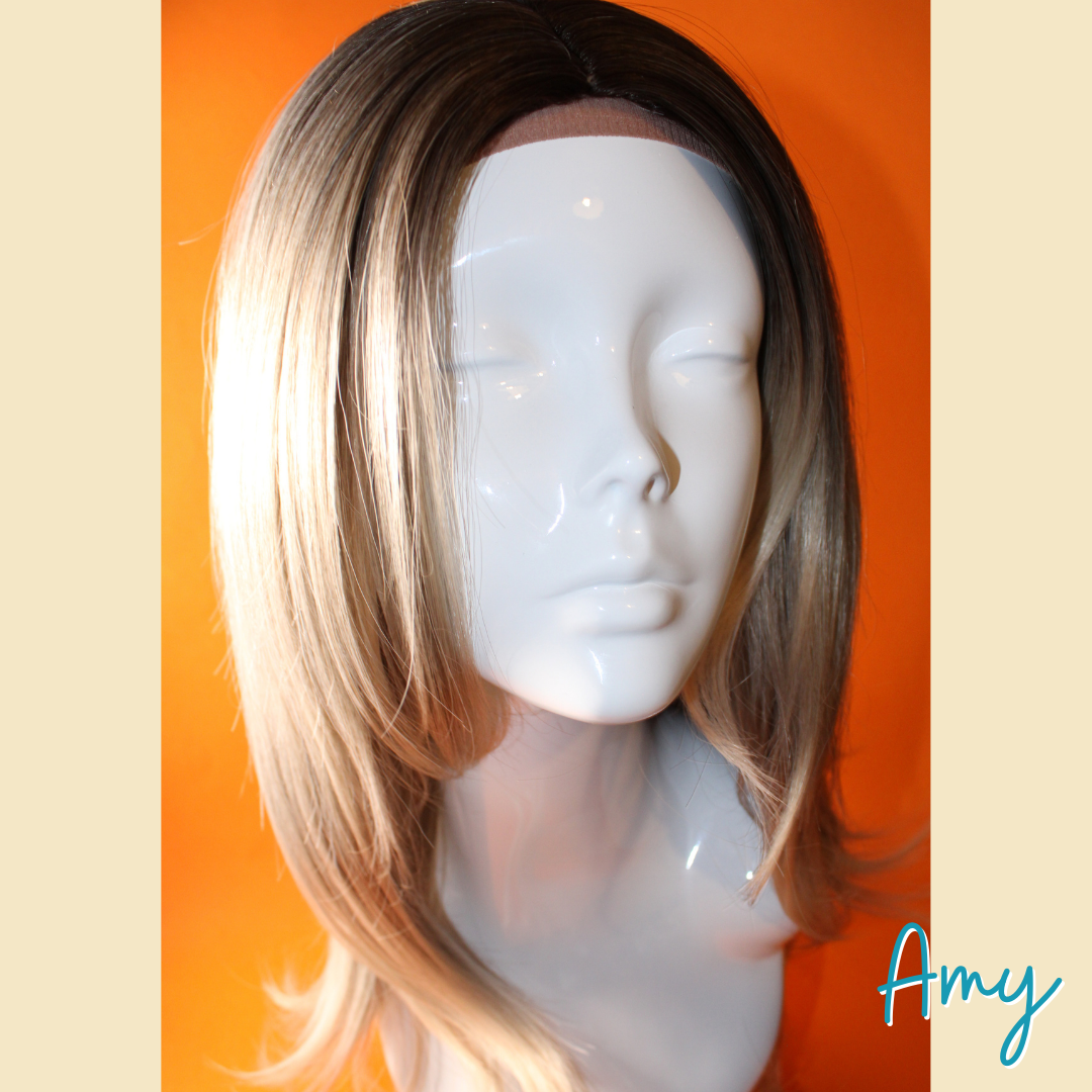 Amy - 22' Straight Layered Synthetic Wig - Ash Blonde and Silver Mix with Dark Roots