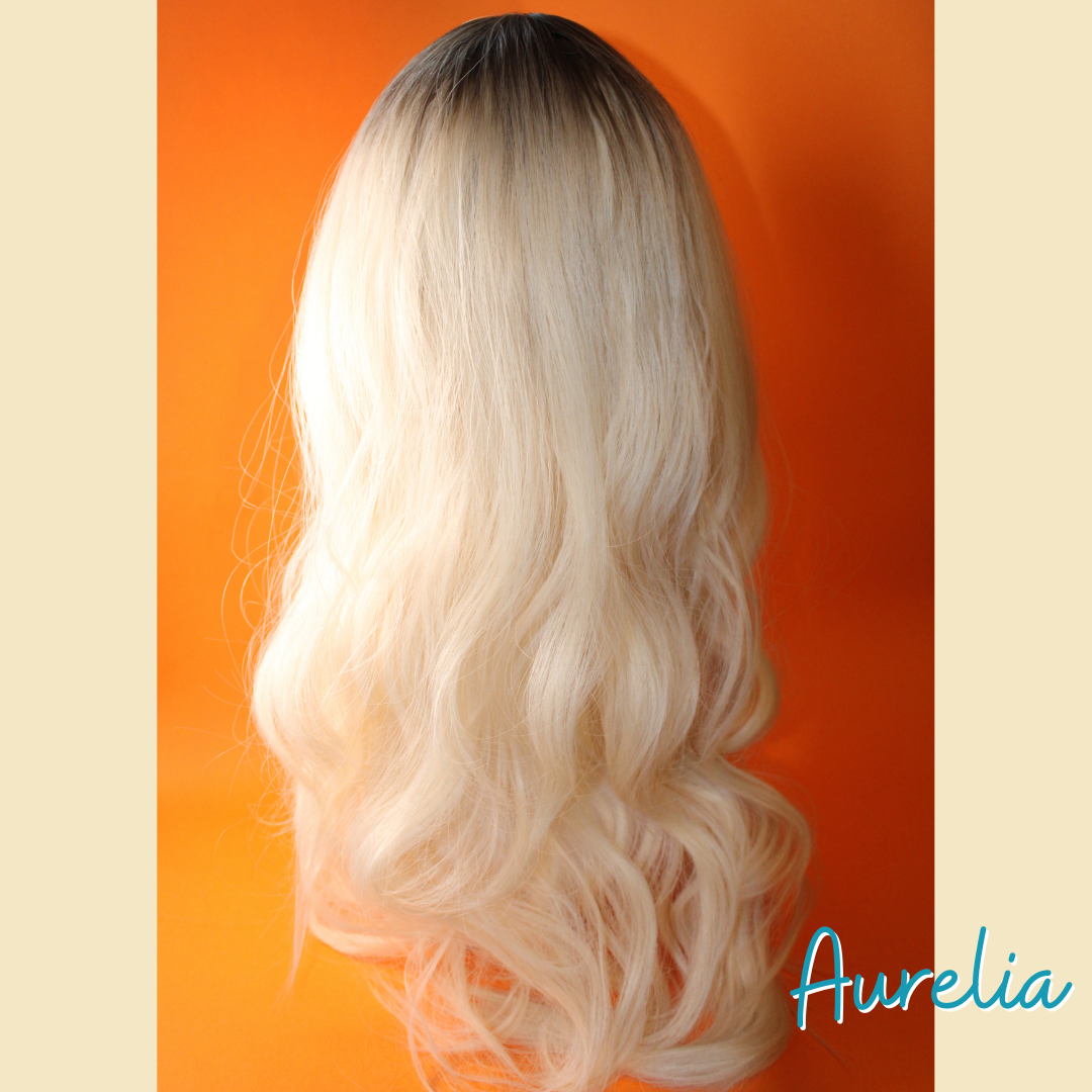 Aurelia - 24' Body Wavy Synthetic Wig - Blonde with Ash Brown Roots