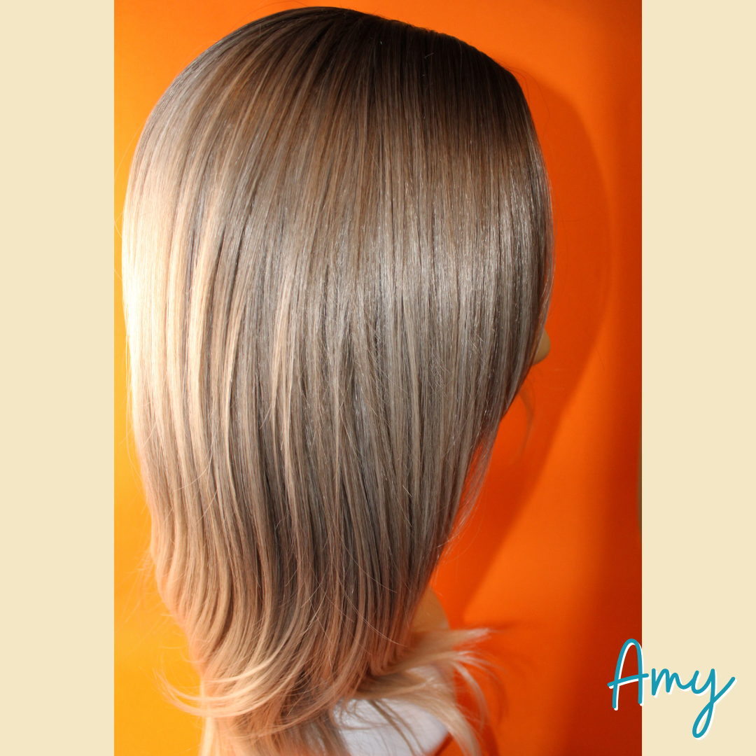 Amy - 22' Straight Layered Synthetic Wig - Ash Blonde and Silver Mix with Dark Roots