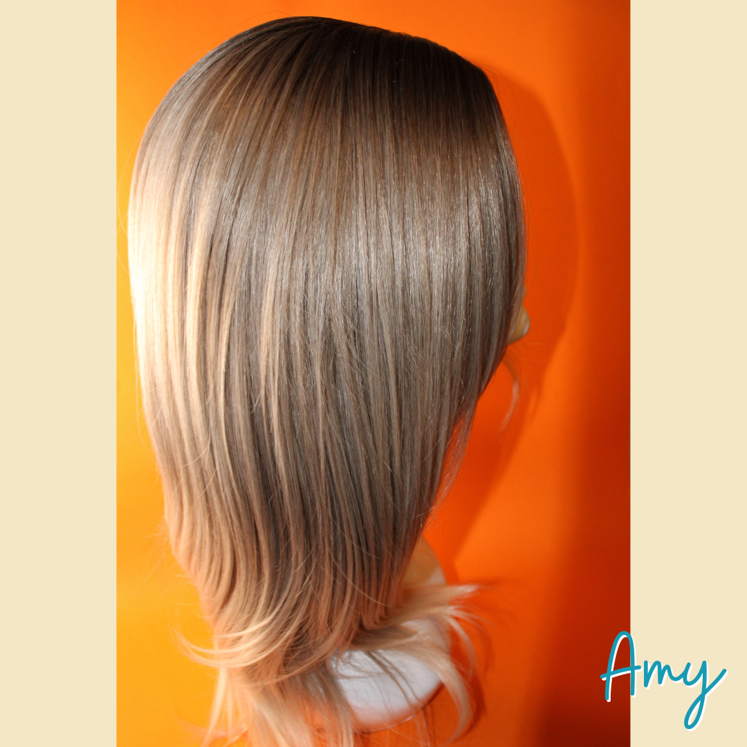 Amy - 22' Straight Layered Synthetic Wig - Ash Blonde and Silver Mix with Dark Roots