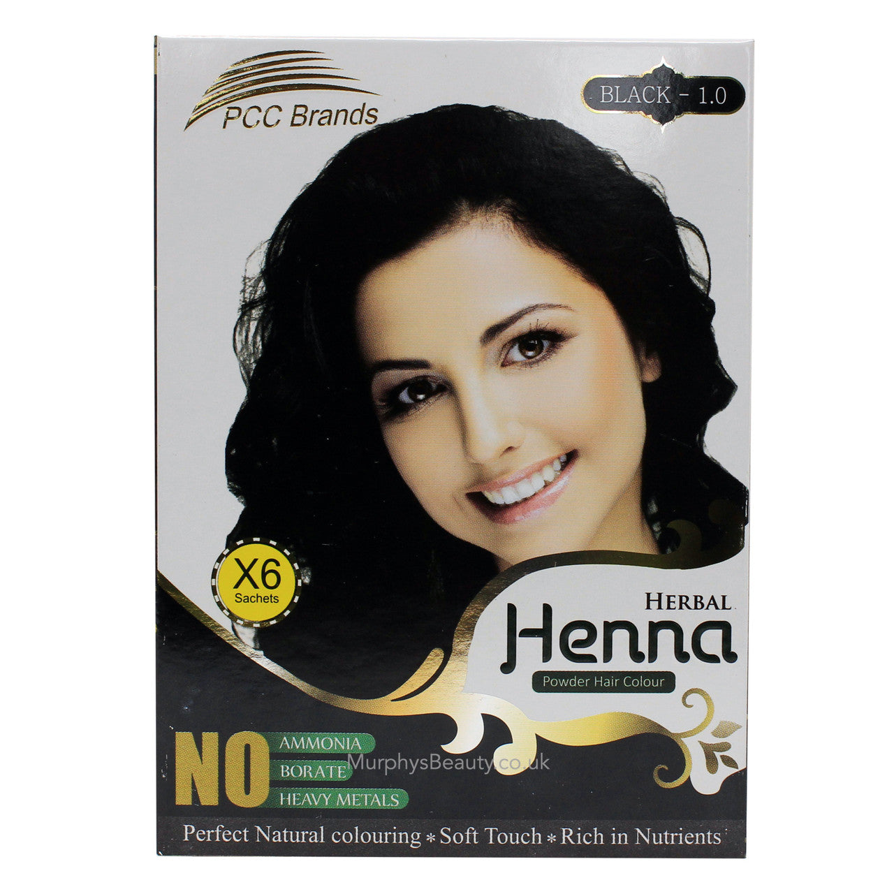 PCC Herbal Henna Powder Hair Colour - 6 x 10g Sachets - Black 1.0