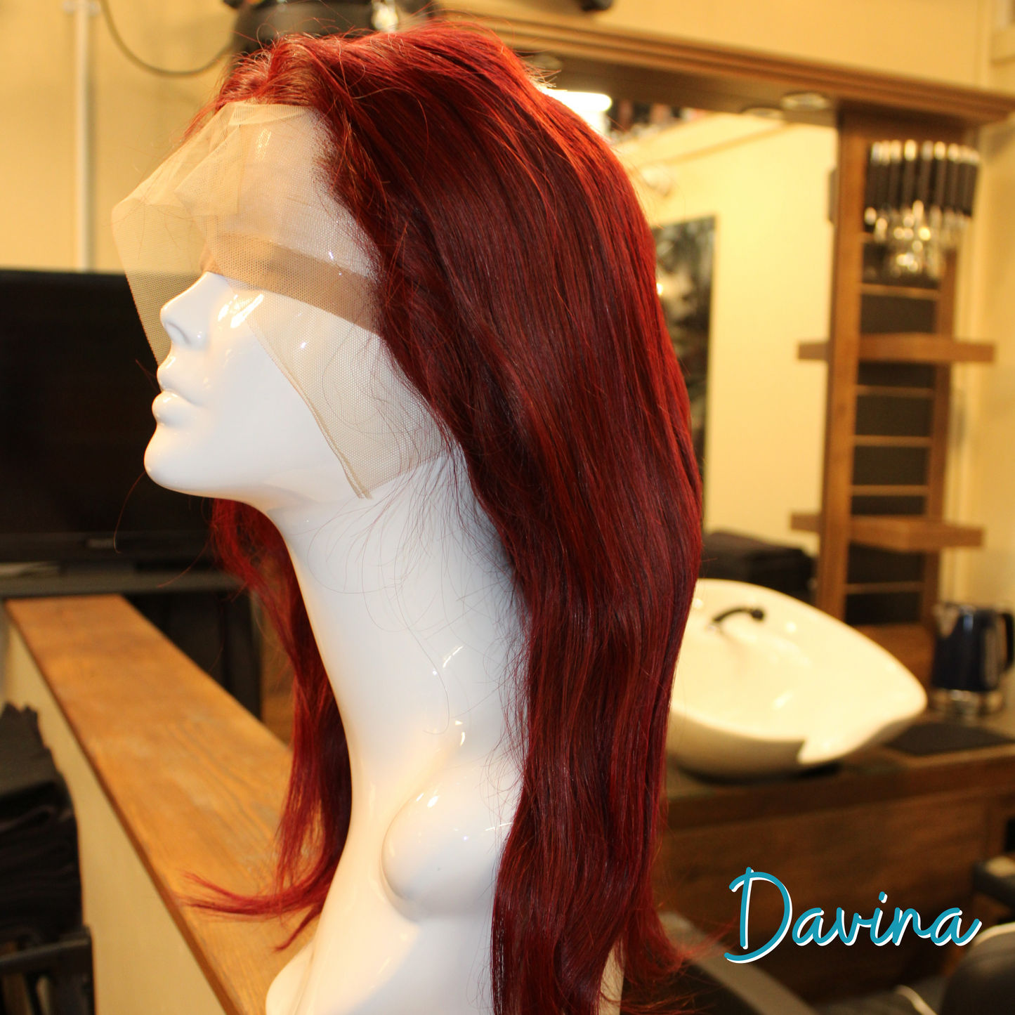 Davina - 16", 13x4 Closure, Straight, Remy Human Hair Wig - Burgundy
