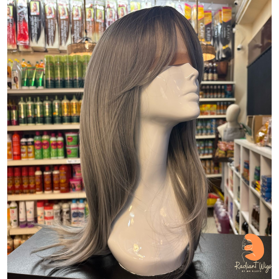 Hallie - 23" Straight Synthetic Wig - Grey with Dark Roots