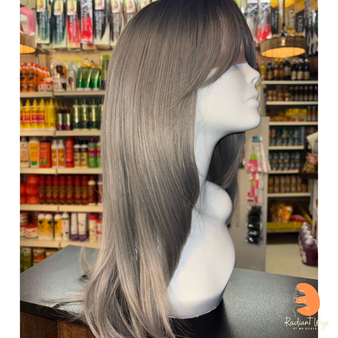 Hallie - 23" Straight Synthetic Wig - Grey with Dark Roots