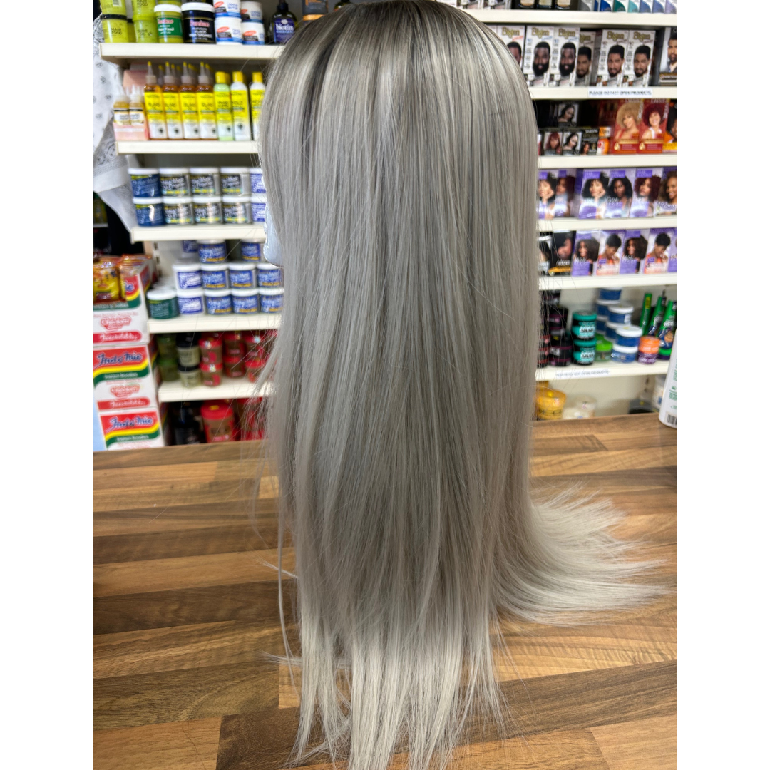 Harley - 23", Straight, Synthetic Wig - Grey with Brown Roots