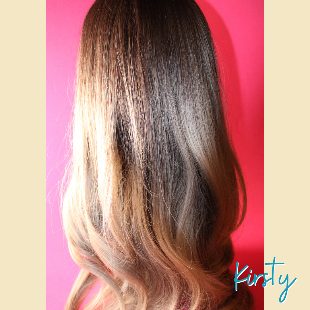 Kirsty, 24" Layered Loose Wave Synthetic Wig - Ombre Ash Grey Blonde - Brown Roots/Upper