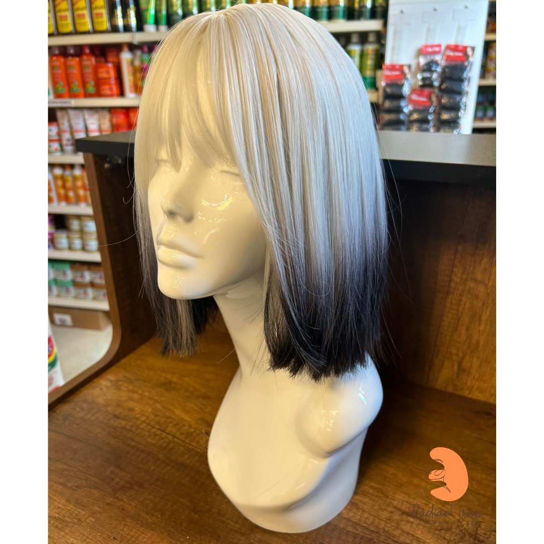 Kaz - 11", Straight, Synthetic Wig - White with Black Tips