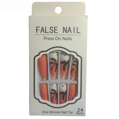 False Press On Nails - Orange Palm Tree Design