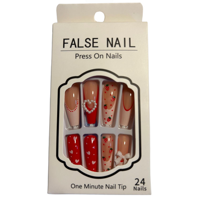 False Press On Nails - Strawberry Hearts Design