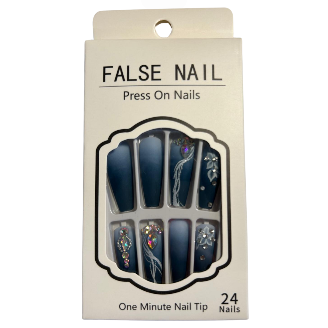 False Press On Nails - Blue Ombre Crystal Design
