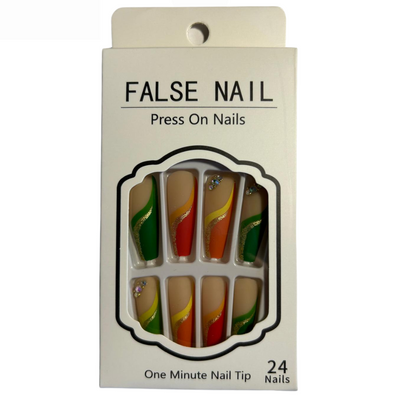 False Press On Nails - Red Green & Gold Design