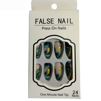 False Press On Nails - Black Green & Gold