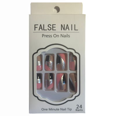 False Press On Nails - Pink, Black & Silver Design