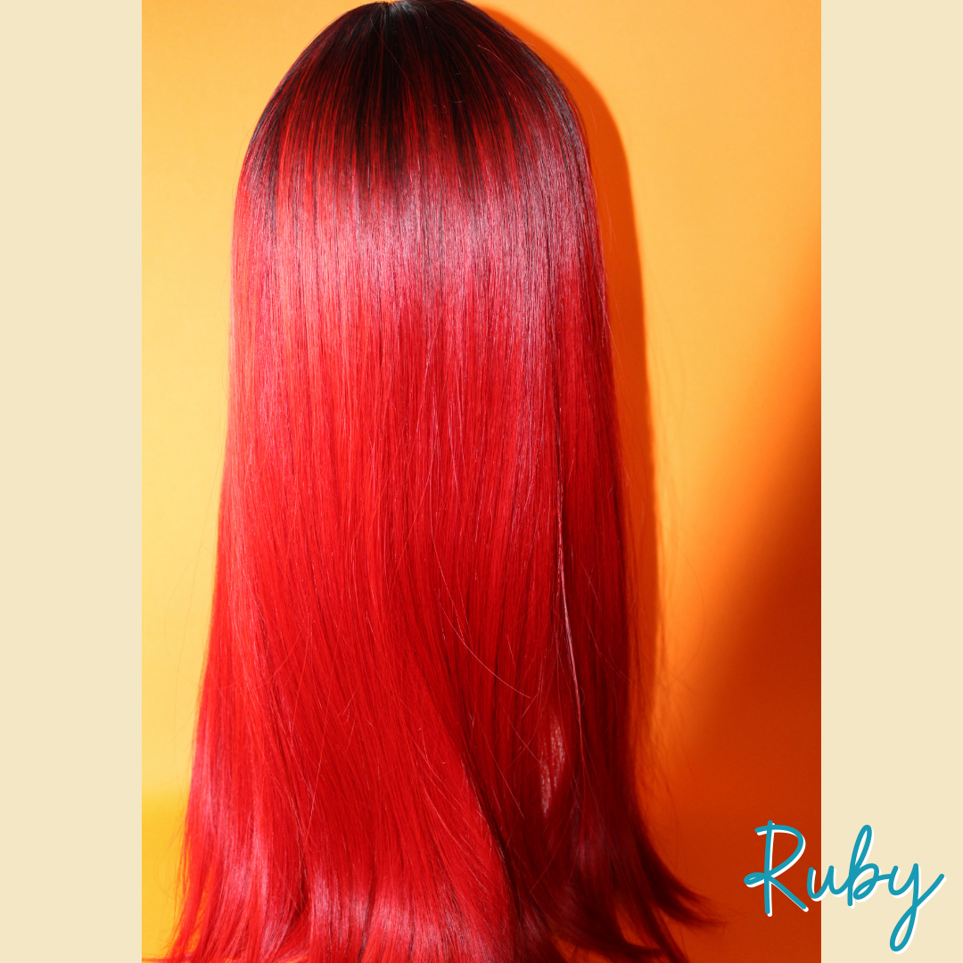 Ruby - 22" Straight Synthetic Wig - Red with Black Roots