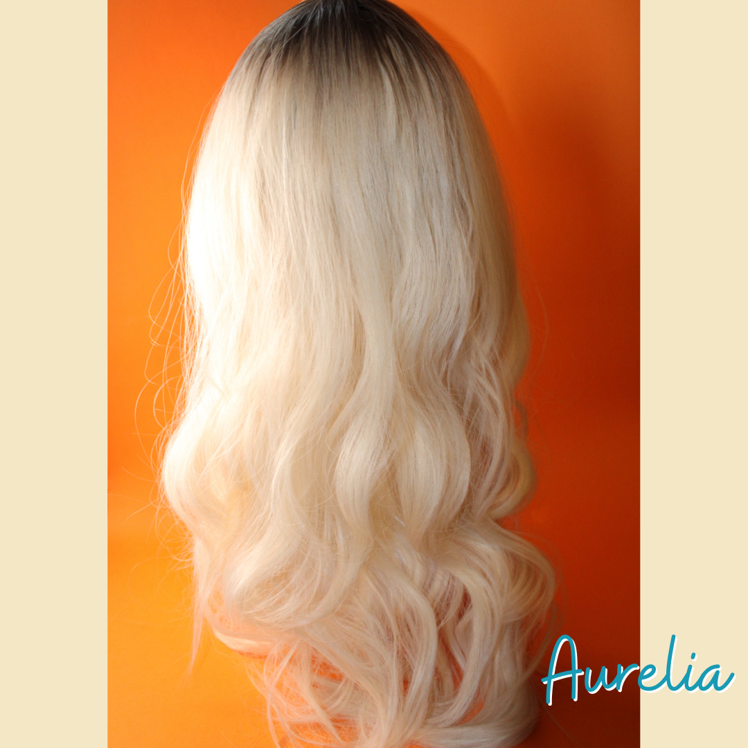 Aurelia - 24" Body Wavy Synthetic Wig - Blonde with Ash Brown Roots