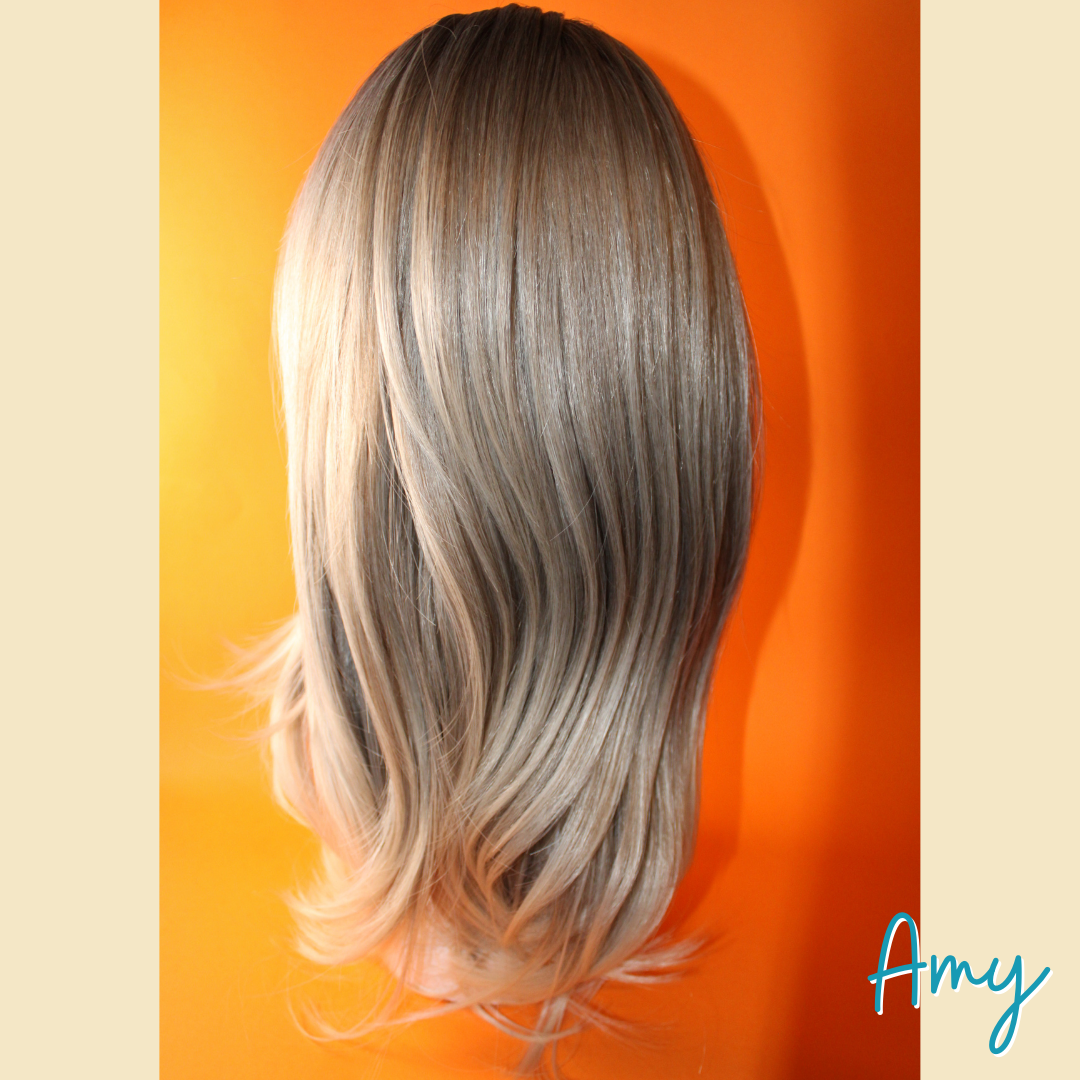 Amy - 22" Straight Layered Synthetic Wig - Ash Blonde and Silver Mix with Dark Roots