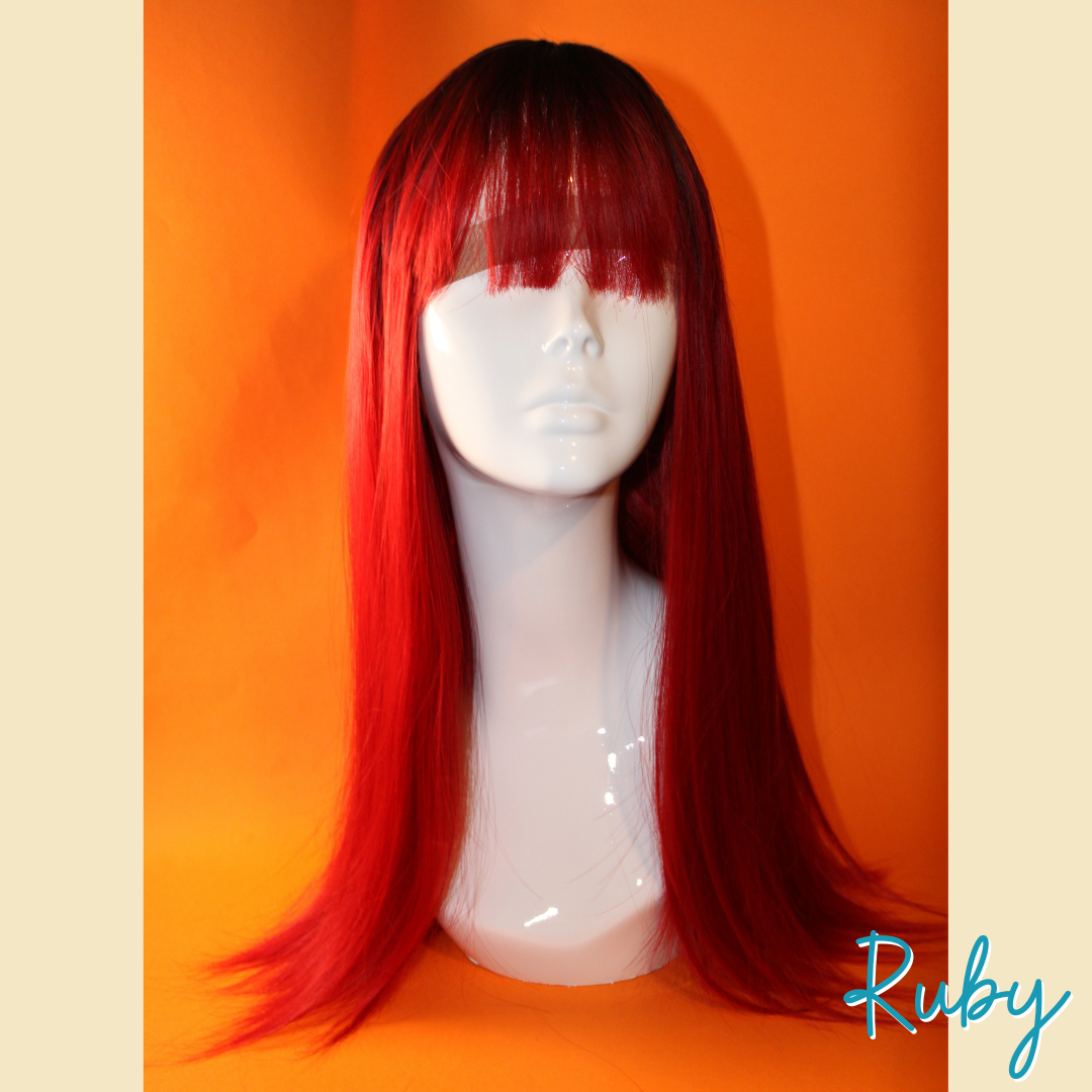 Ruby - 22" Straight Synthetic Wig - Red with Black Roots