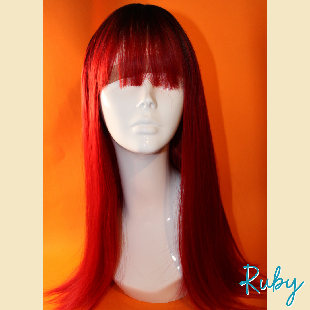 Ruby - 22" Straight Synthetic Wig - Red with Black Roots