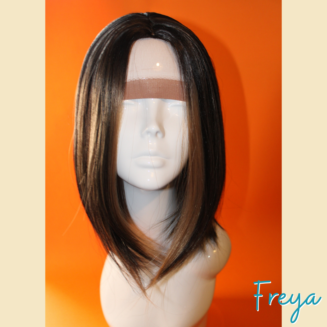 Freya - 14" Straight Synthetic Wig - Black with Brown/Blonde Highlights