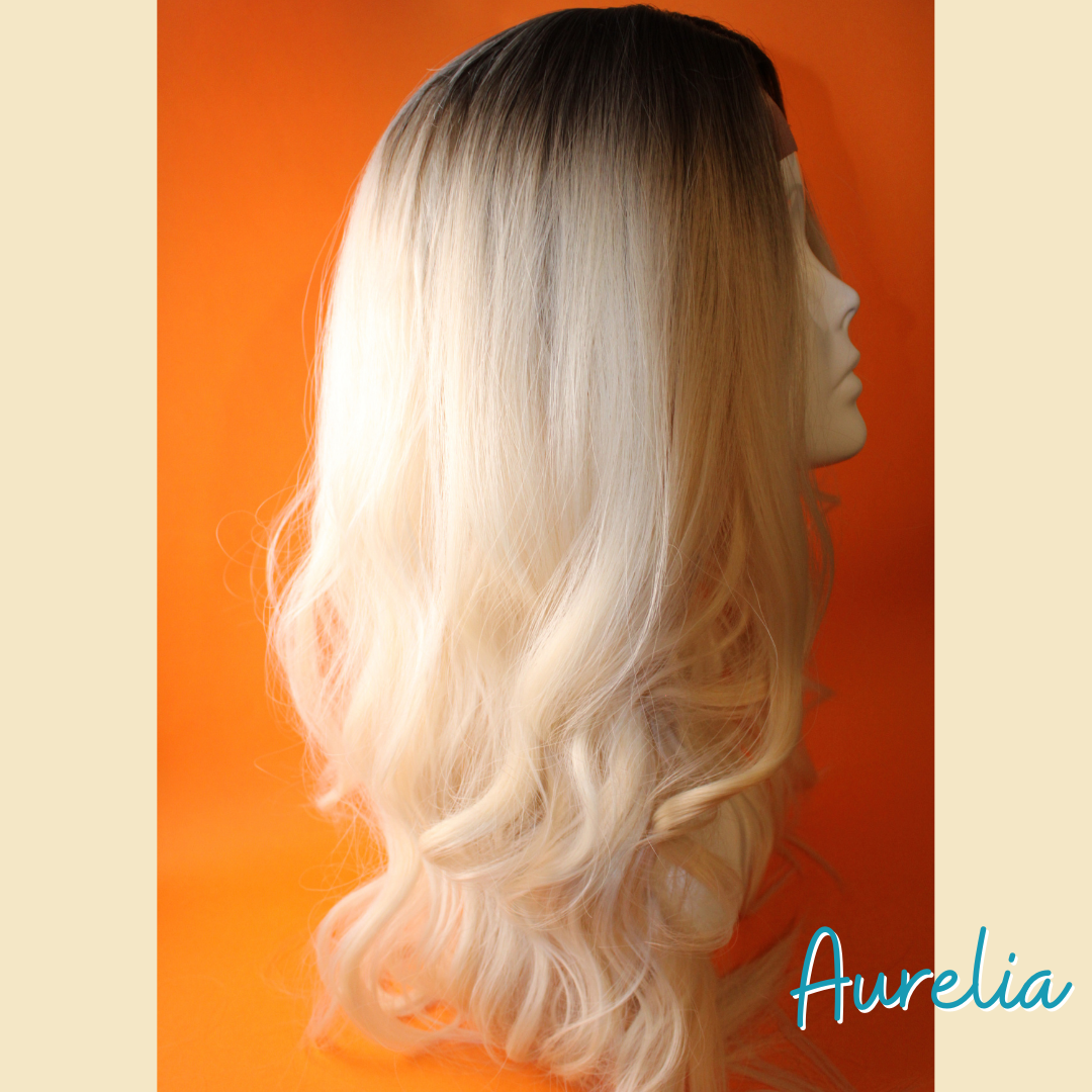 Aurelia - 24" Body Wavy Synthetic Wig - Blonde with Ash Brown Roots